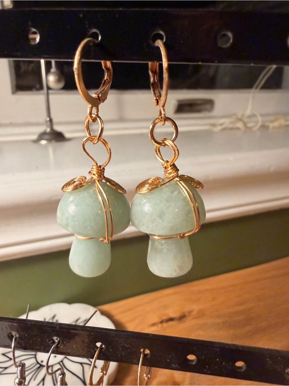 Gold Wire-Wrapped Mint Green Gemstone Mushroom Drop Earrings